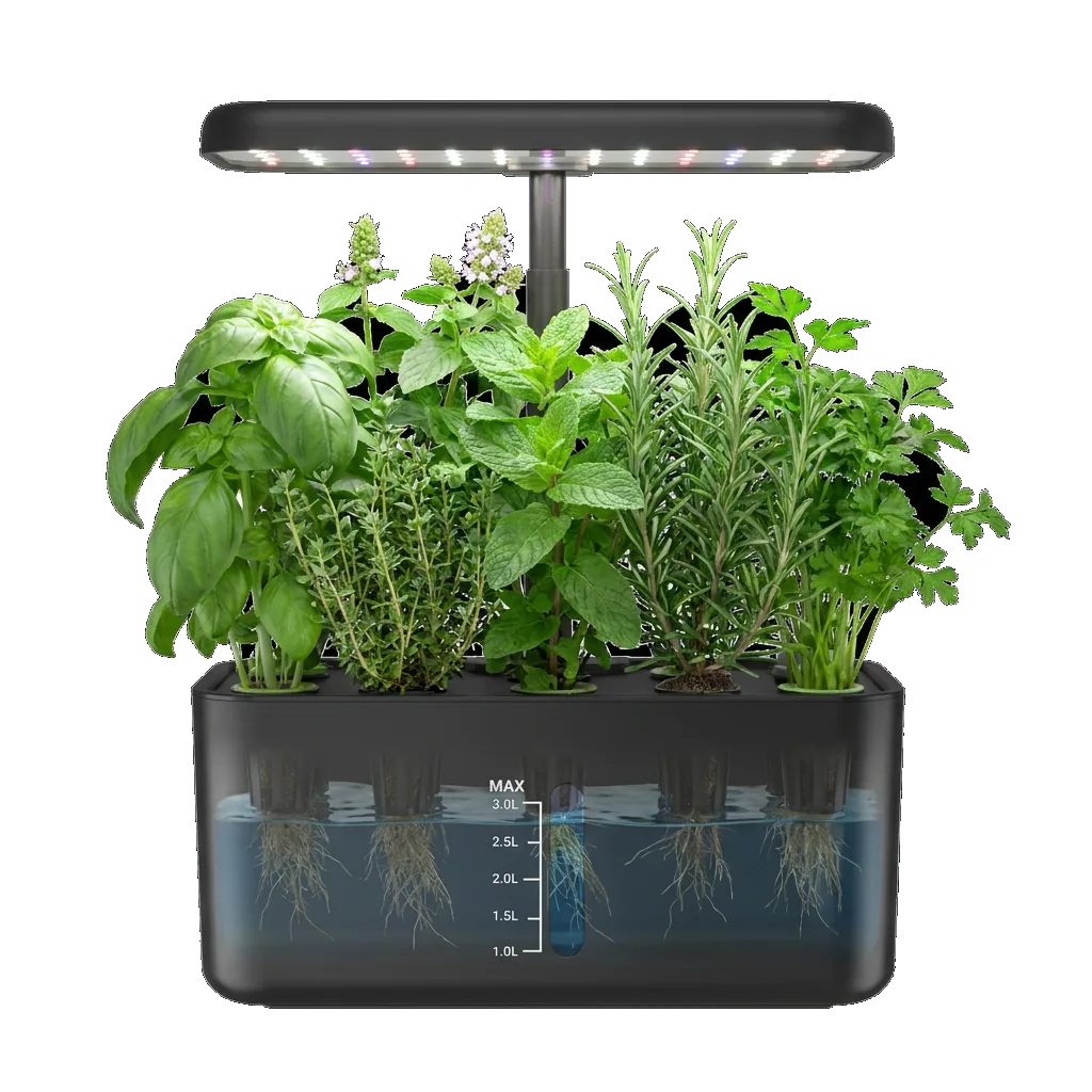 The Verdi Nine hydroponic herb garden, planted under a lit LED arm